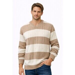 Oscar De La Renta Men's Cable Knit Sweater Large Beige Cream Striped Classic